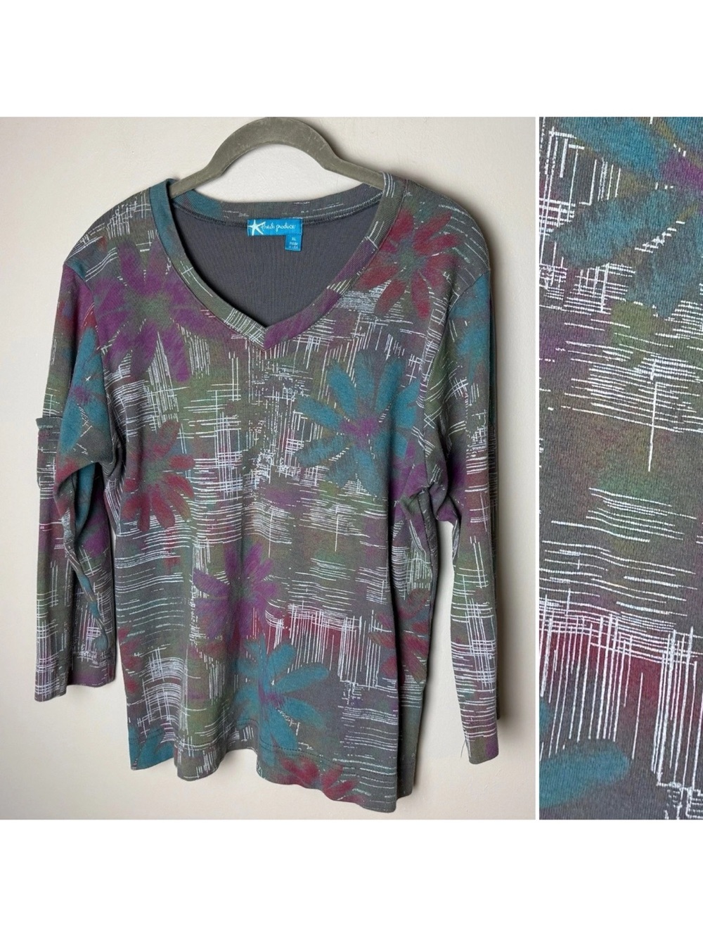 Fresh Produce Top Size Large Floral 100% Cotton Made in USA Floral V-Neck